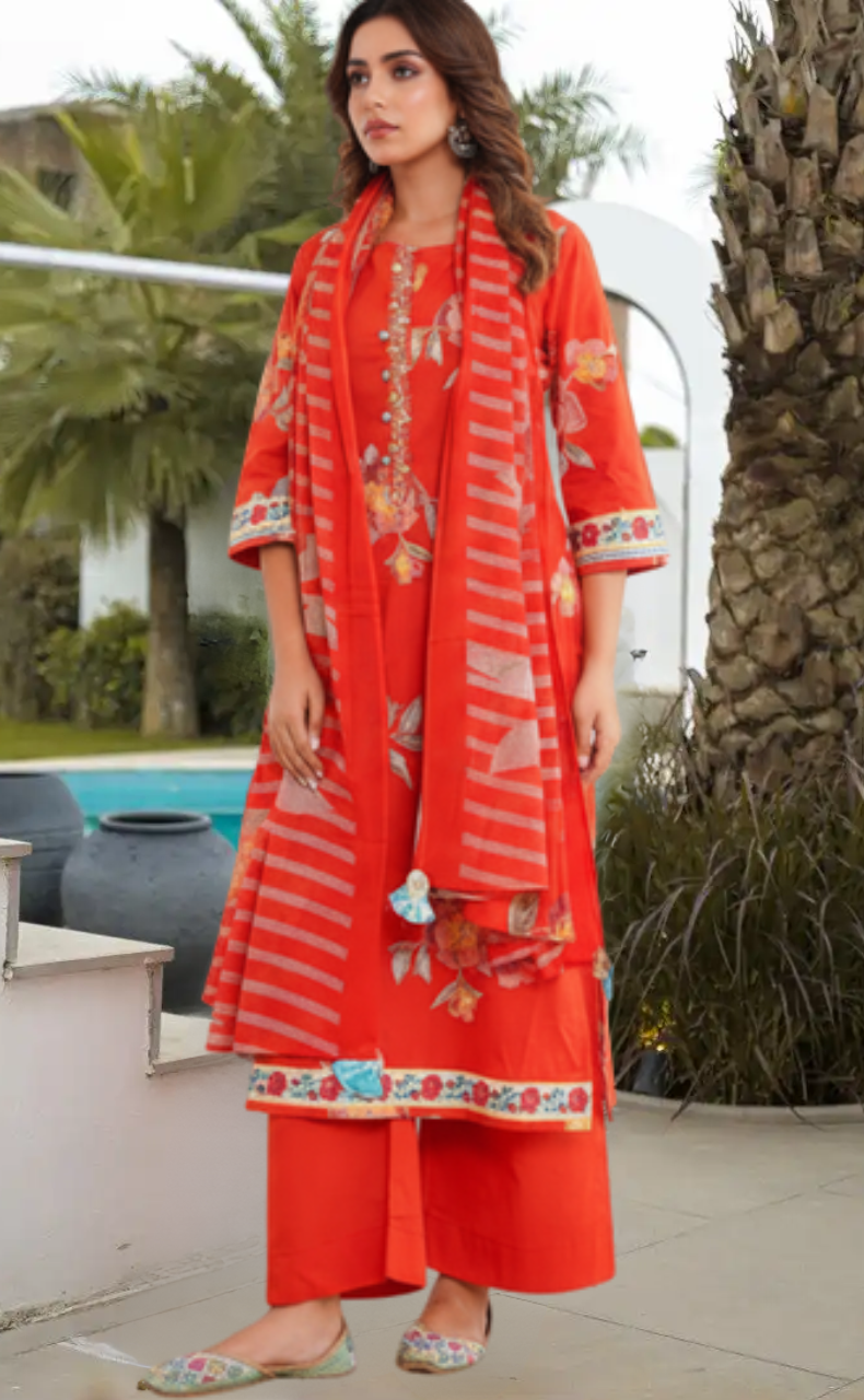 Brick Red Jaipur Cotton Kurti With Pant And Dupatta Set. Pure Versatile Cotton. | Laces and Frills