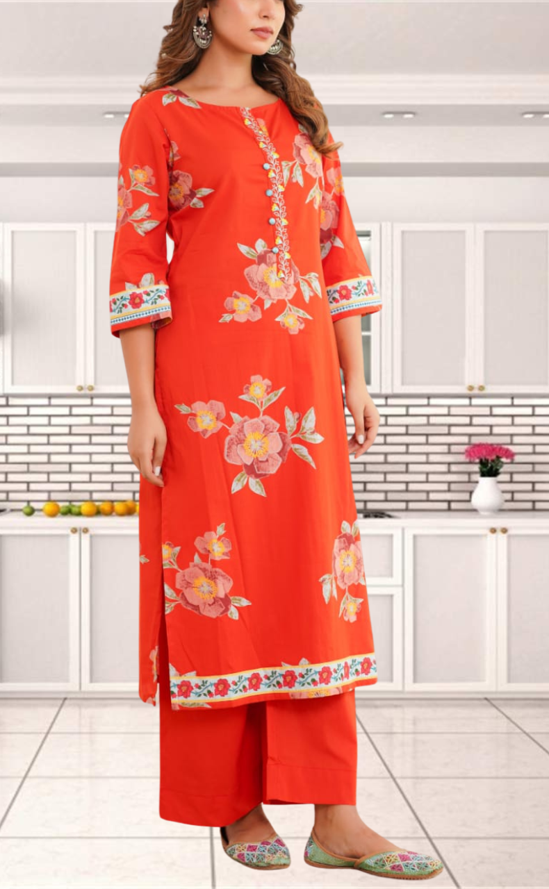 Brick Red Jaipur Cotton Kurti With Pant And Dupatta Set. Pure Versatile Cotton. | Laces and Frills