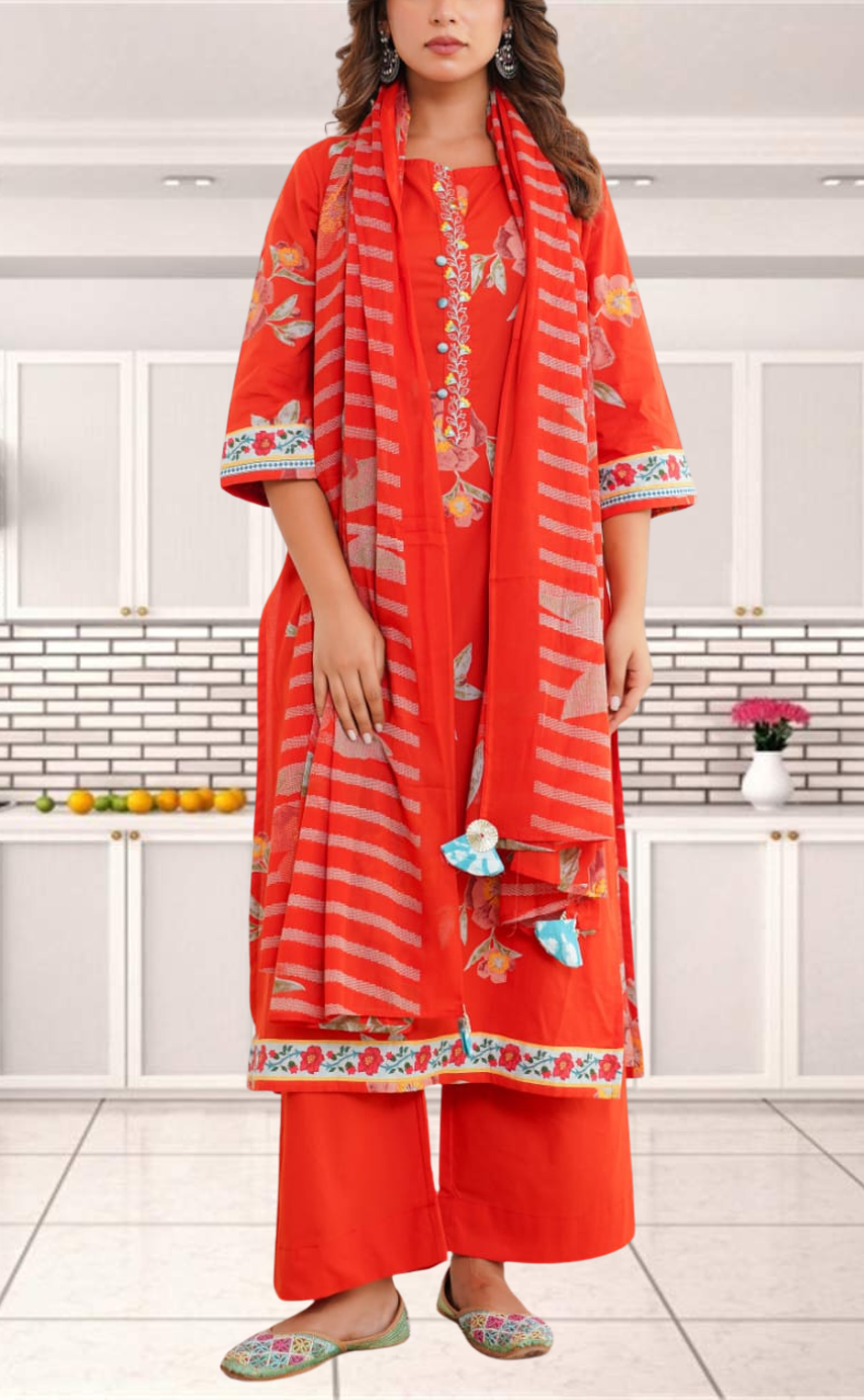 Brick Red Jaipur Cotton Kurti With Pant And Dupatta Set. Pure Versatile Cotton. | Laces and Frills