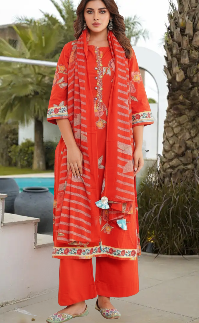 Brick Red Jaipur Cotton Kurti With Pant And Dupatta Set. Pure Versatile Cotton. | Laces and Frills