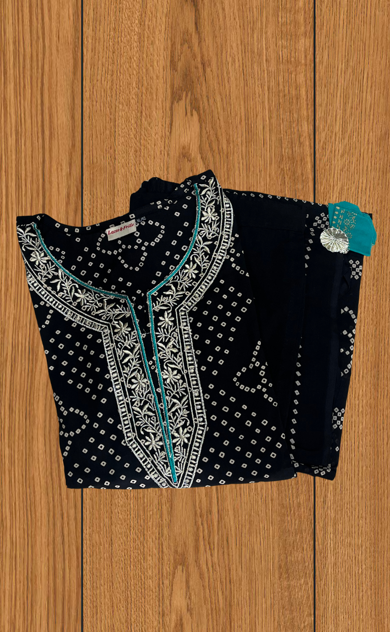 Black Bandini Jaipur Cotton Kurti With Pant And Dupatta Set. Pure Versatile Cotton. | Laces and Frills - Laces and Frills