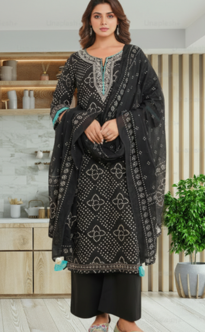 Black Bandini Jaipur Cotton Kurti With Pant And Dupatta Set. Pure Versatile Cotton. | Laces and Frills