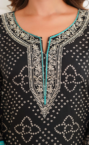 Black Bandini Jaipur Cotton Kurti With Pant And Dupatta Set. Pure Versatile Cotton. | Laces and Frills - Laces and Frills