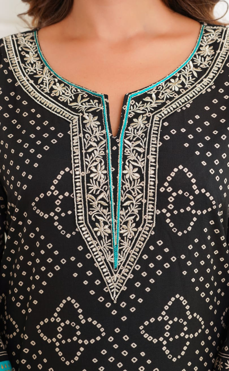 Black Bandini Jaipur Cotton Kurti With Pant And Dupatta Set. Pure Versatile Cotton. | Laces and Frills - Laces and Frills