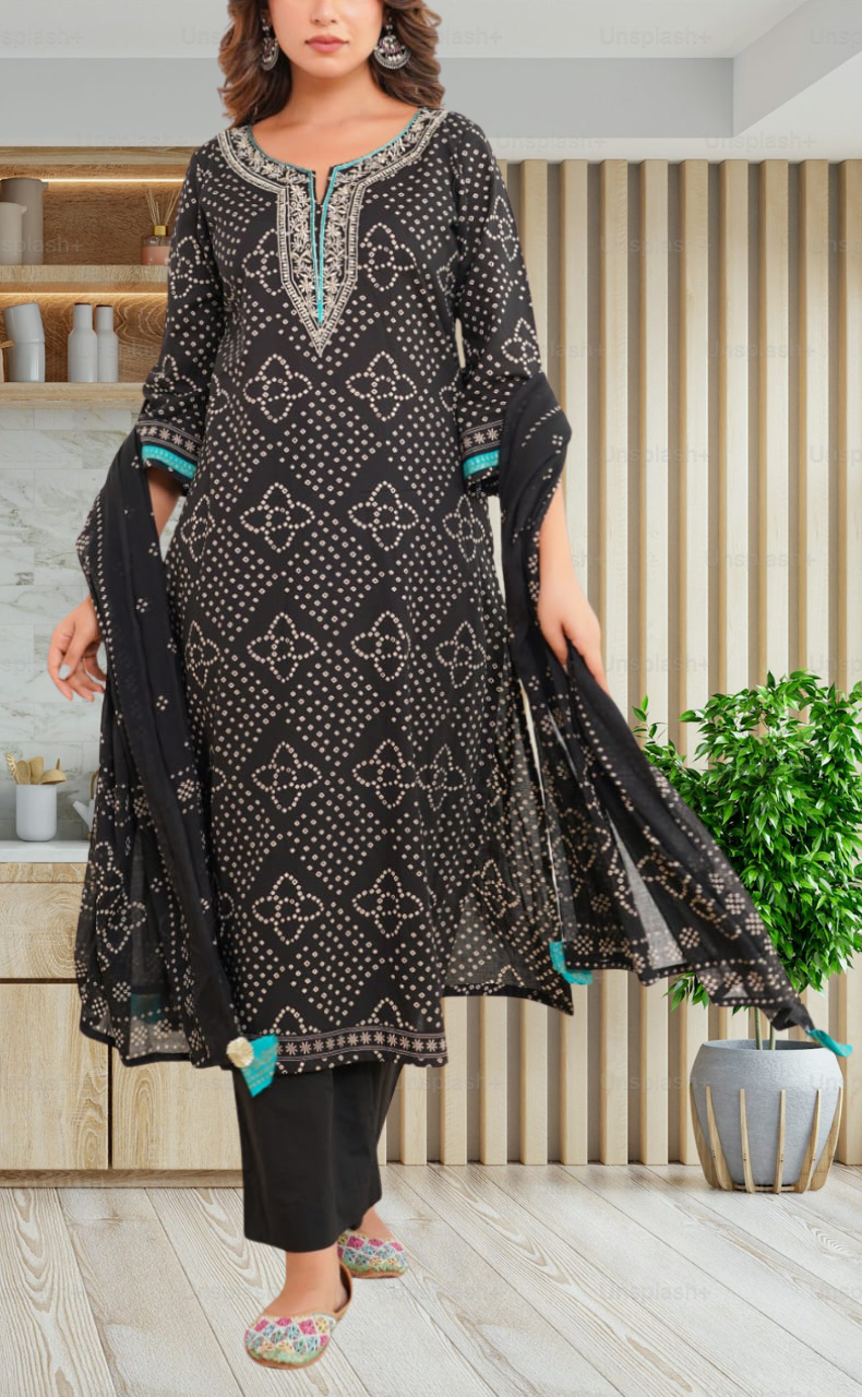 Black Bandini Jaipur Cotton Kurti With Pant And Dupatta Set. Pure Versatile Cotton. | Laces and Frills - Laces and Frills