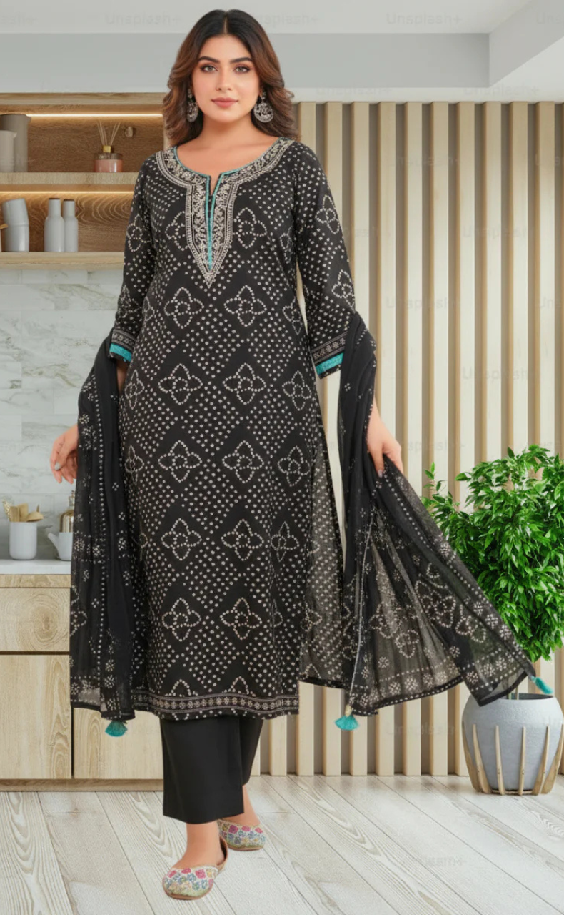 Black Bandini Jaipur Cotton Kurti With Pant And Dupatta Set. Pure Versatile Cotton. | Laces and Frills