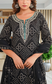Black Bandini Jaipur Cotton Kurti With Pant And Dupatta Set. Pure Versatile Cotton. | Laces and Frills - Laces and Frills