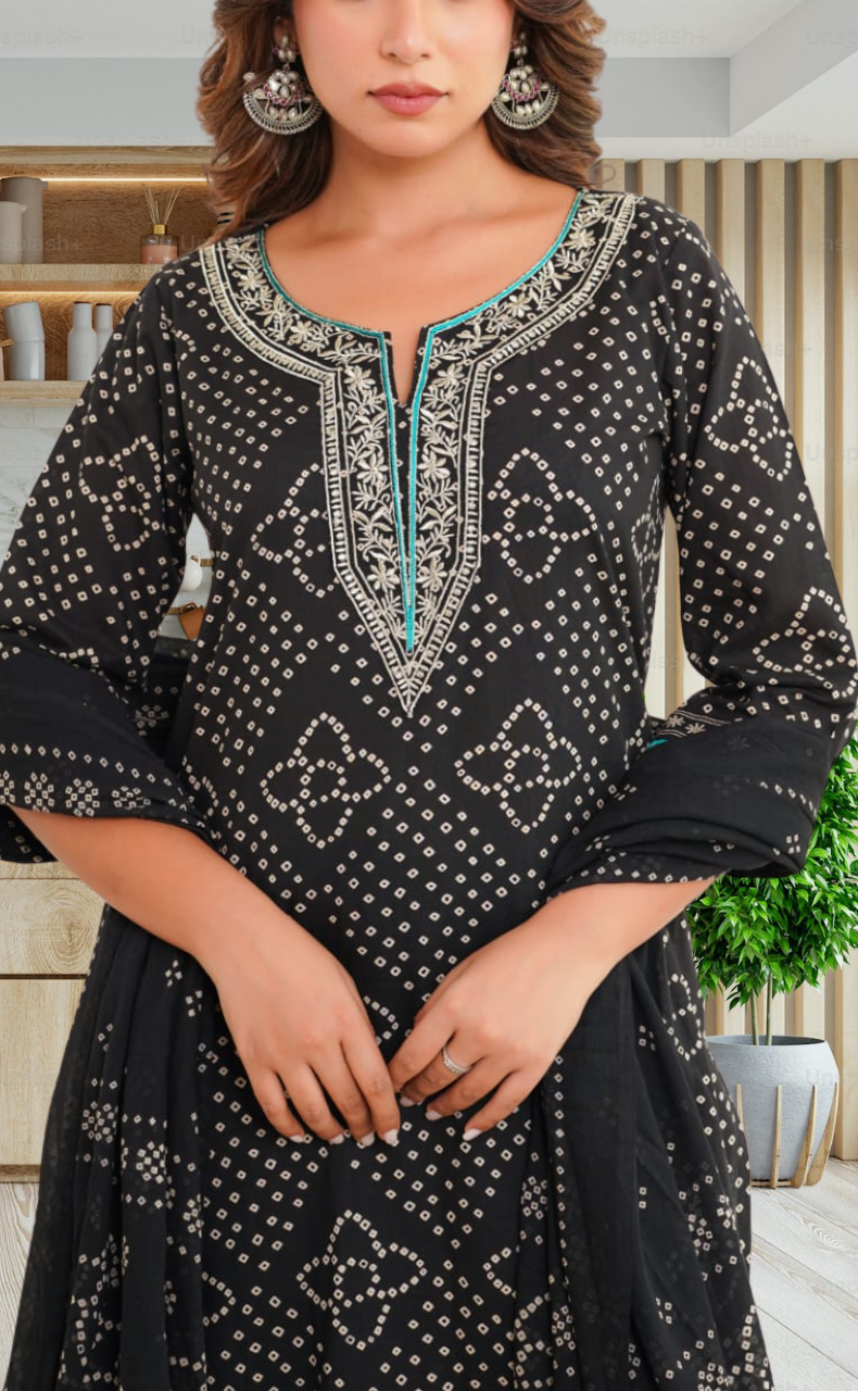 Black Bandini Jaipur Cotton Kurti With Pant And Dupatta Set. Pure Versatile Cotton. | Laces and Frills - Laces and Frills