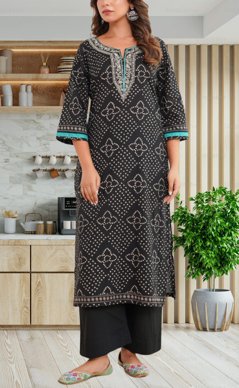 Black Bandini Jaipur Cotton Kurti With Pant And Dupatta Set. Pure Versatile Cotton. | Laces and Frills - Laces and Frills