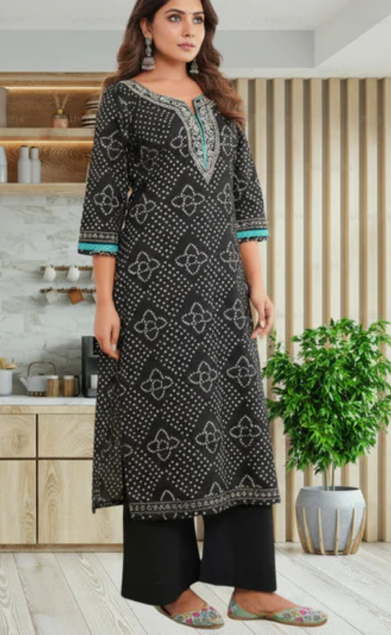Black Bandini Jaipur Cotton Kurti With Pant And Dupatta Set. Pure Versatile Cotton. | Laces and Frills