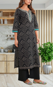 Black Bandini Jaipur Cotton Kurti With Pant And Dupatta Set. Pure Versatile Cotton. | Laces and Frills - Laces and Frills