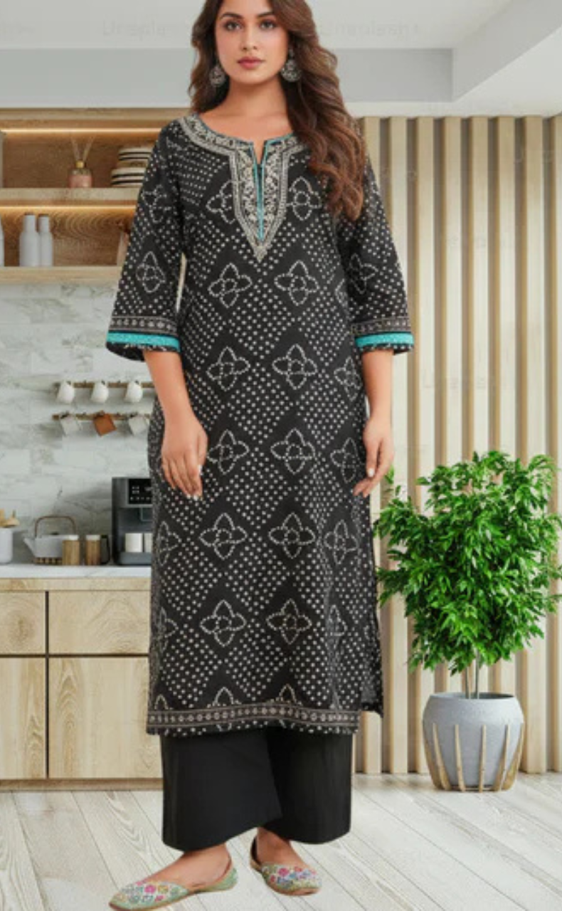 Black Bandini Jaipur Cotton Kurti With Pant And Dupatta Set. Pure Versatile Cotton. | Laces and Frills