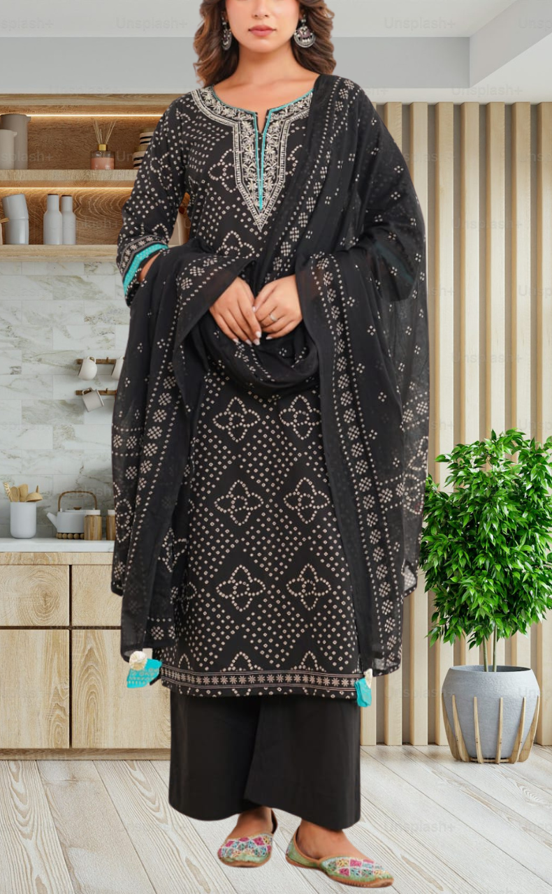 Black Bandini Jaipur Cotton Kurti With Pant And Dupatta Set. Pure Versatile Cotton. | Laces and Frills - Laces and Frills