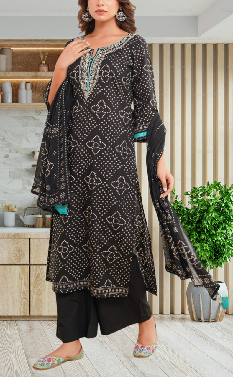 Black Bandini Jaipur Cotton Kurti With Pant And Dupatta Set. Pure Versatile Cotton. | Laces and Frills - Laces and Frills