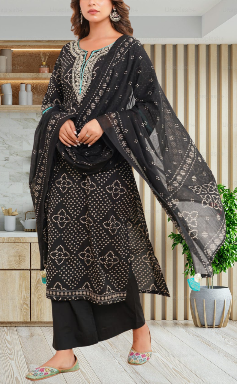 Black Bandini Jaipur Cotton Kurti With Pant And Dupatta Set. Pure Versatile Cotton. | Laces and Frills - Laces and Frills