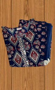 Navy Blue Floral Jaipur Cotton Kurti With Pant And Dupatta Set. Pure Versatile Cotton. | Laces and Frills - Laces and Frills