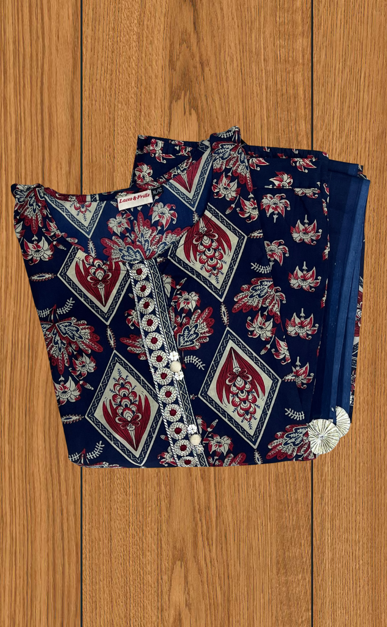 Navy Blue Floral Jaipur Cotton Kurti With Pant And Dupatta Set. Pure Versatile Cotton. | Laces and Frills - Laces and Frills