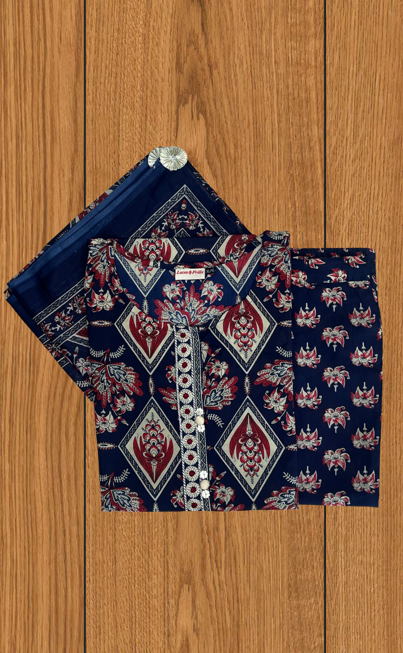 Navy Blue Floral Jaipur Cotton Kurti With Pant And Dupatta Set. Pure Versatile Cotton. | Laces and Frills - Laces and Frills