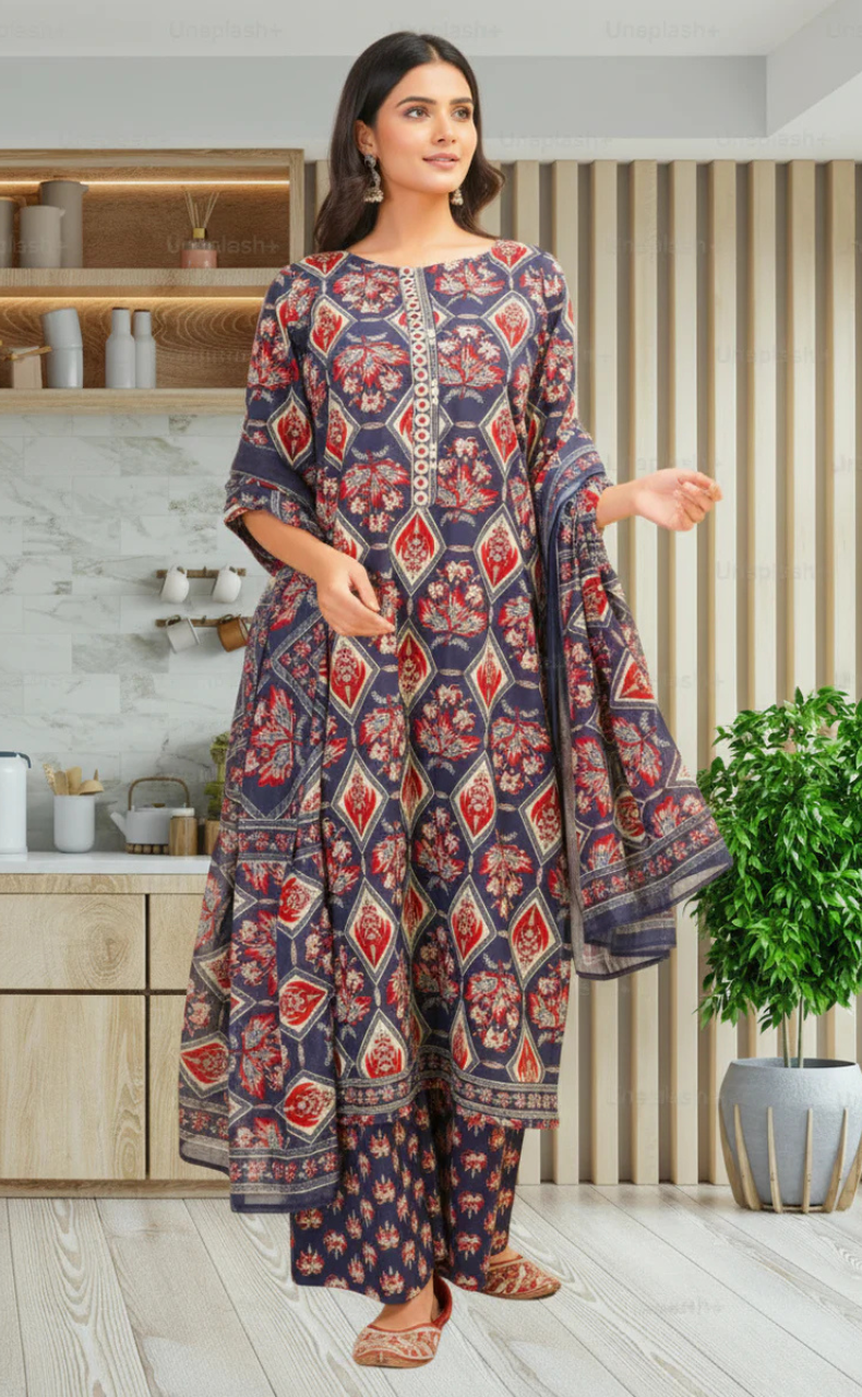 Navy Blue Floral Jaipur Cotton Kurti With Pant And Dupatta Set. Pure Versatile Cotton. | Laces and Frills