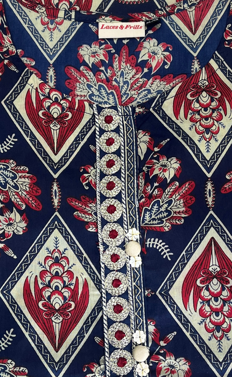 Navy Blue Floral Jaipur Cotton Kurti With Pant And Dupatta Set. Pure Versatile Cotton. | Laces and Frills - Laces and Frills