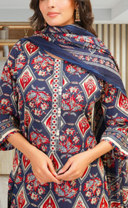 Navy Blue Floral Jaipur Cotton Kurti With Pant And Dupatta Set. Pure Versatile Cotton. | Laces and Frills - Laces and Frills