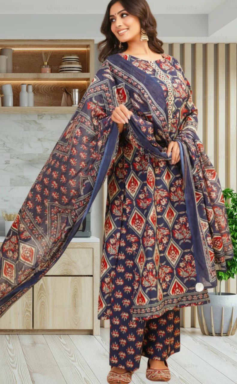 Navy Blue Floral Jaipur Cotton Kurti With Pant And Dupatta Set. Pure Versatile Cotton. | Laces and Frills
