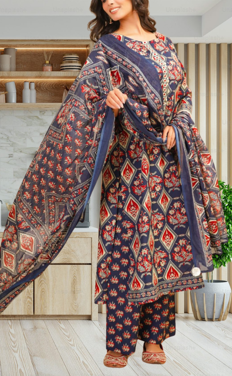 Navy Blue Floral Jaipur Cotton Kurti With Pant And Dupatta Set. Pure Versatile Cotton. | Laces and Frills - Laces and Frills