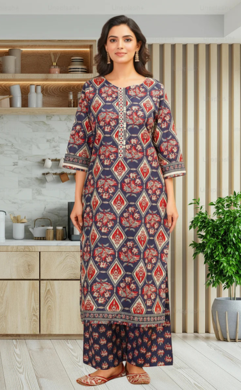 Navy Blue Floral Jaipur Cotton Kurti With Pant And Dupatta Set. Pure Versatile Cotton. | Laces and Frills