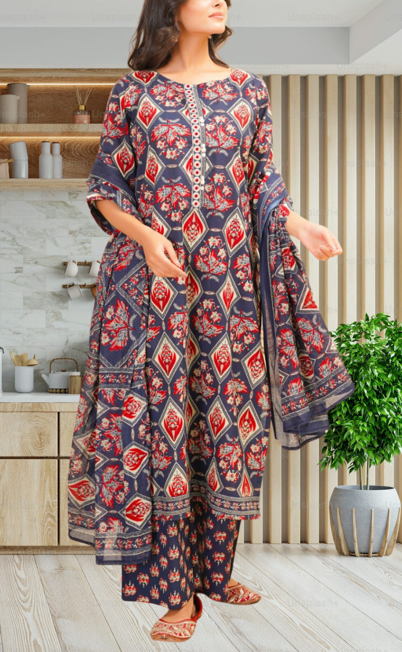 Navy Blue Floral Jaipur Cotton Kurti With Pant And Dupatta Set. Pure Versatile Cotton. | Laces and Frills - Laces and Frills
