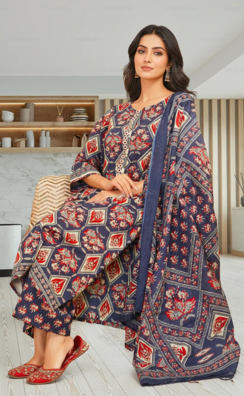 Navy Blue Floral Jaipur Cotton Kurti With Pant And Dupatta Set. Pure Versatile Cotton. | Laces and Frills