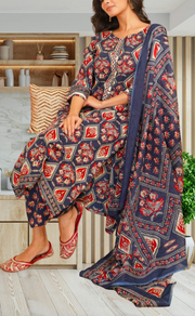Navy Blue Floral Jaipur Cotton Kurti With Pant And Dupatta Set. Pure Versatile Cotton. | Laces and Frills - Laces and Frills