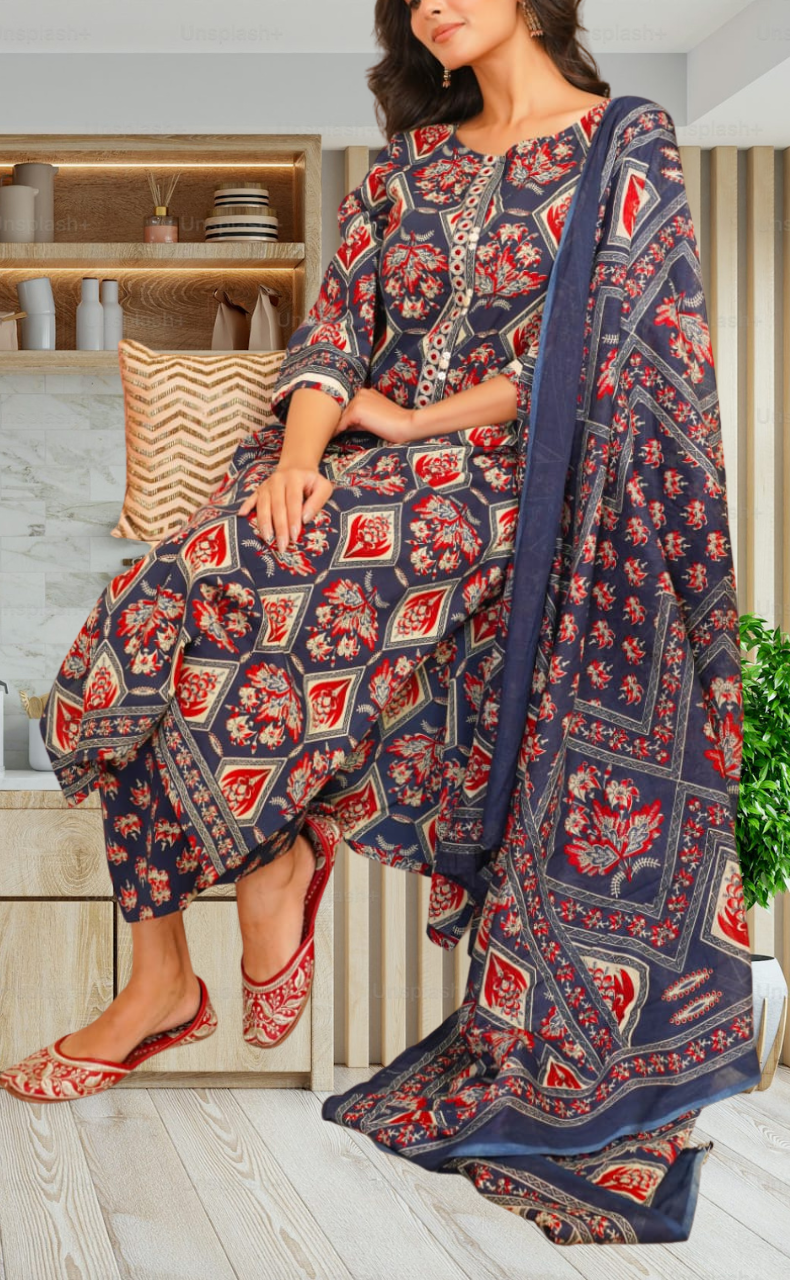 Navy Blue Floral Jaipur Cotton Kurti With Pant And Dupatta Set. Pure Versatile Cotton. | Laces and Frills - Laces and Frills