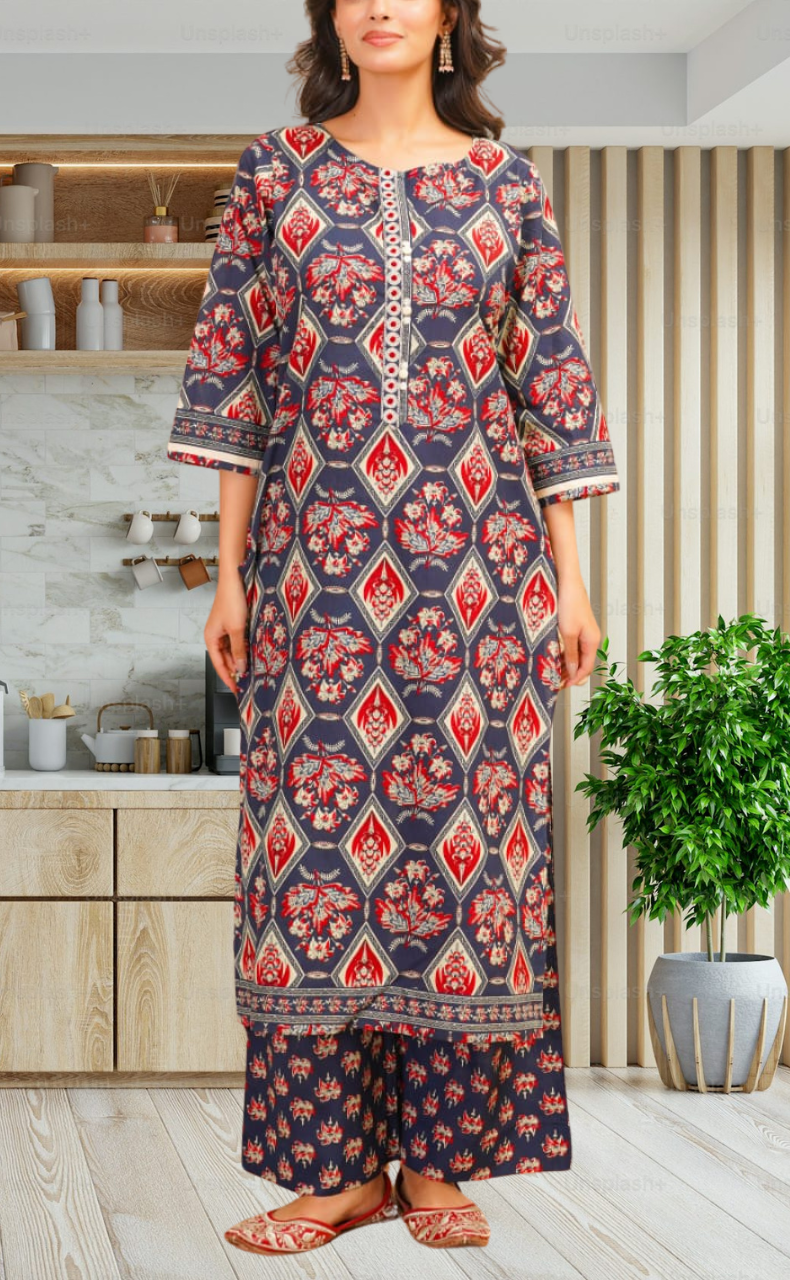 Navy Blue Floral Jaipur Cotton Kurti With Pant And Dupatta Set. Pure Versatile Cotton. | Laces and Frills - Laces and Frills