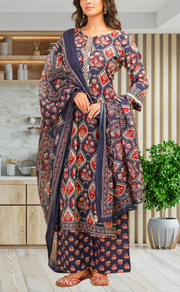 Navy Blue Floral Jaipur Cotton Kurti With Pant And Dupatta Set. Pure Versatile Cotton. | Laces and Frills - Laces and Frills