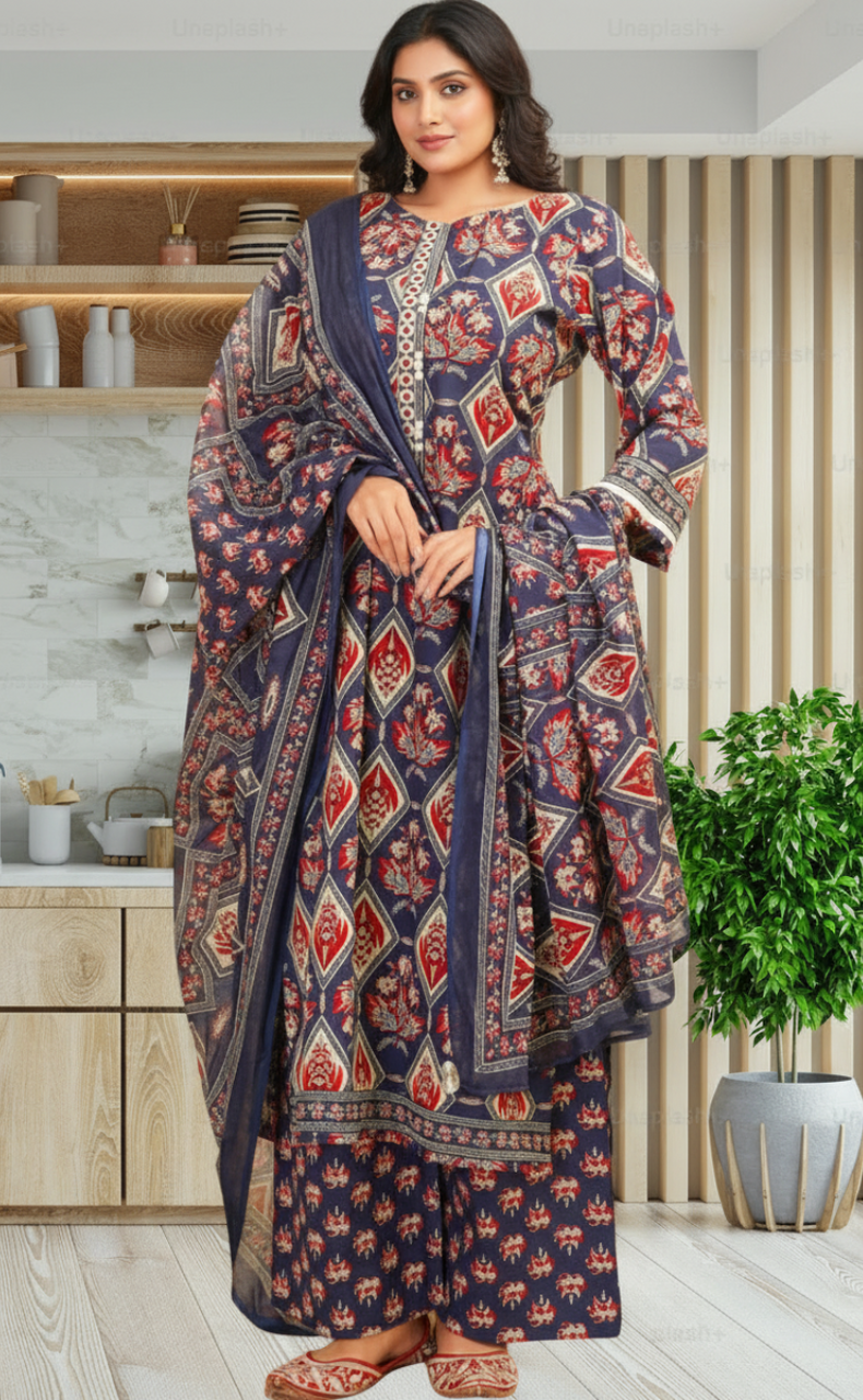 Navy Blue Floral Jaipur Cotton Kurti With Pant And Dupatta Set. Pure Versatile Cotton. | Laces and Frills