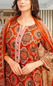 Brick Colour Flora Jaipur Cotton Kurti With Pant And Dupatta Set. Pure Versatile Cotton. | Laces and Frills - Laces and Frills