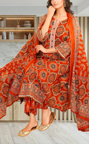 Brick Colour Flora Jaipur Cotton Kurti With Pant And Dupatta Set. Pure Versatile Cotton. | Laces and Frills - Laces and Frills