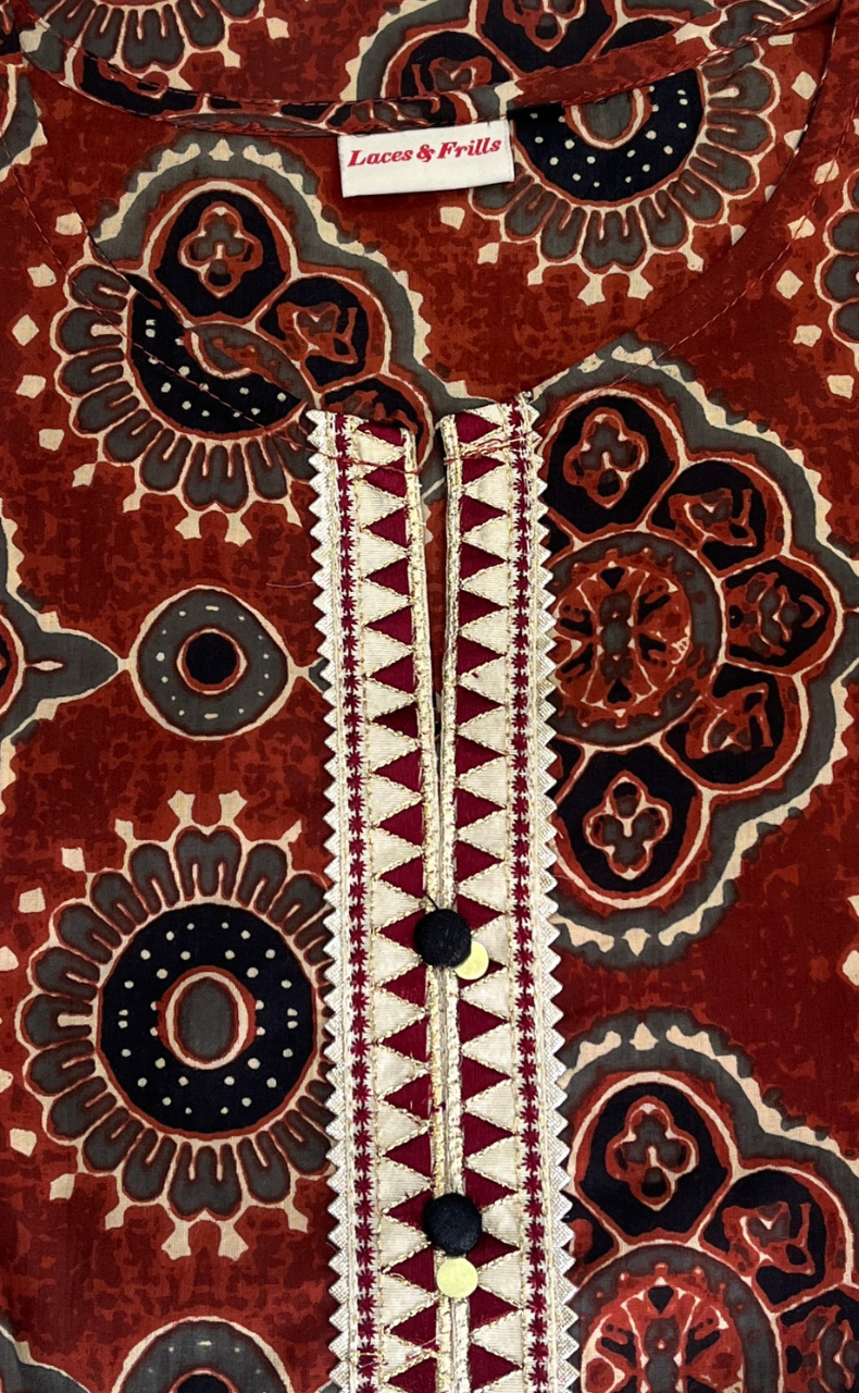 Brick Colour Flora Jaipur Cotton Kurti With Pant And Dupatta Set. Pure Versatile Cotton. | Laces and Frills - Laces and Frills