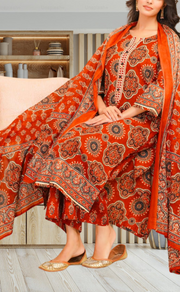 Brick Colour Flora Jaipur Cotton Kurti With Pant And Dupatta Set. Pure Versatile Cotton. | Laces and Frills - Laces and Frills