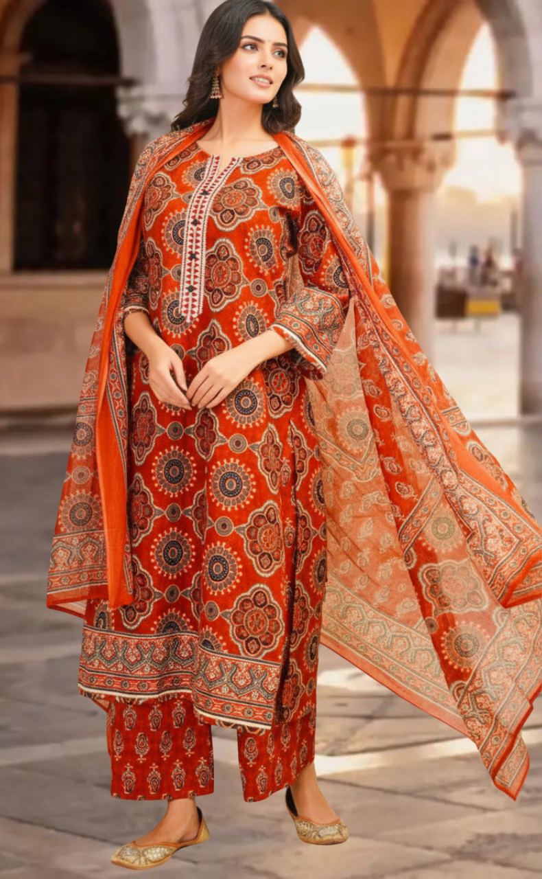 Brick Colour Flora Jaipur Cotton Kurti With Pant And Dupatta Set. Pure Versatile Cotton. | Laces and Frills