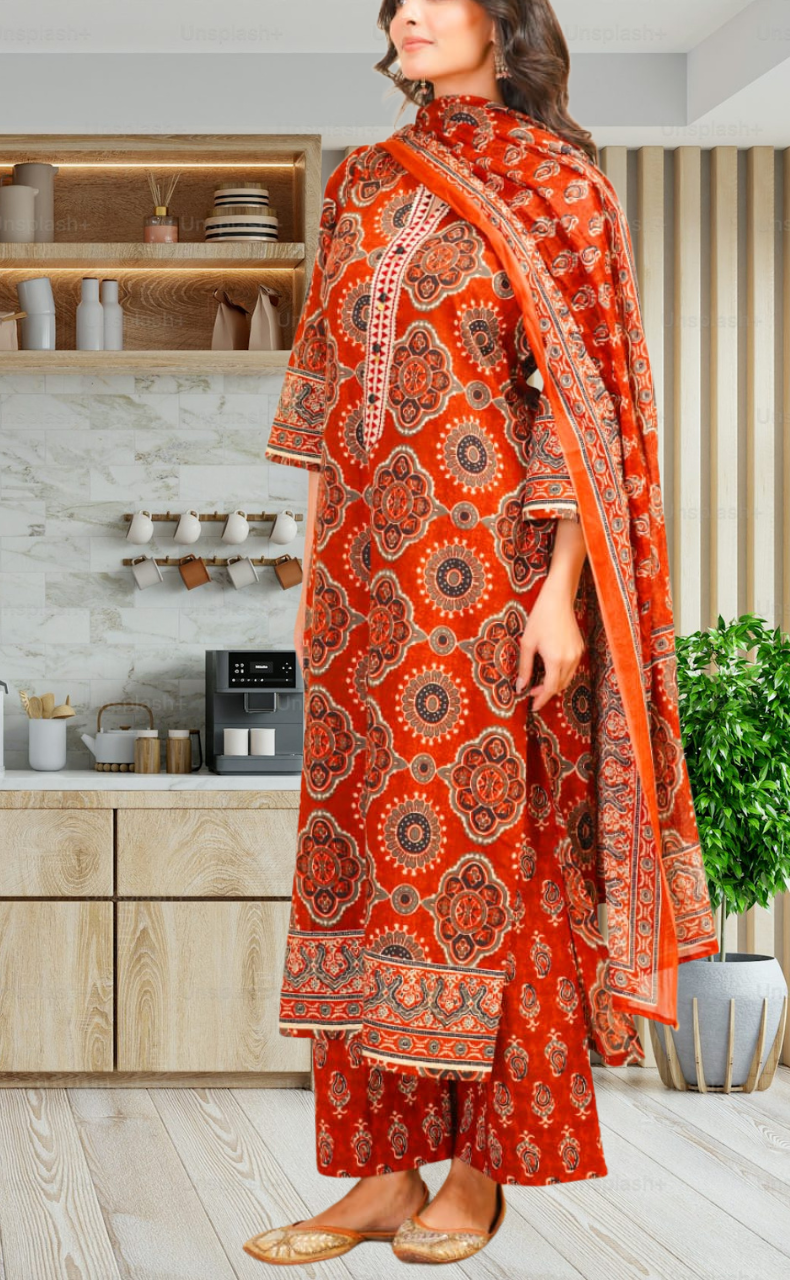 Brick Colour Flora Jaipur Cotton Kurti With Pant And Dupatta Set. Pure Versatile Cotton. | Laces and Frills - Laces and Frills