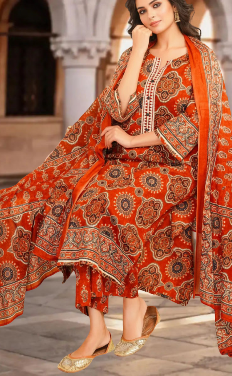 Brick Colour Flora Jaipur Cotton Kurti With Pant And Dupatta Set. Pure Versatile Cotton. | Laces and Frills