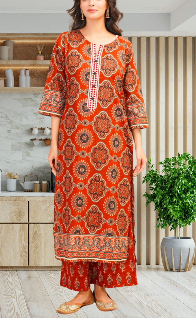 Brick Colour Flora Jaipur Cotton Kurti With Pant And Dupatta Set. Pure Versatile Cotton. | Laces and Frills - Laces and Frills