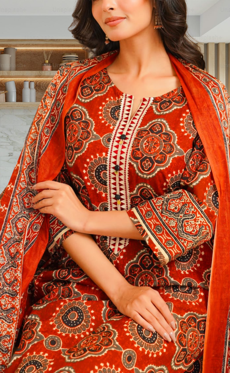 Brick Colour Flora Jaipur Cotton Kurti With Pant And Dupatta Set. Pure Versatile Cotton. | Laces and Frills - Laces and Frills