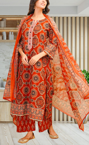 Brick Colour Flora Jaipur Cotton Kurti With Pant And Dupatta Set. Pure Versatile Cotton. | Laces and Frills - Laces and Frills