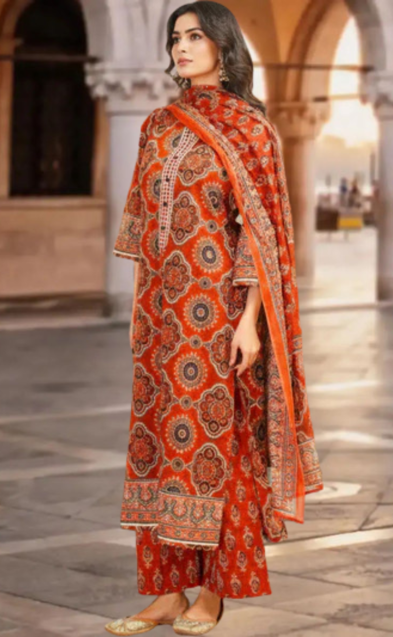 Brick Colour Flora Jaipur Cotton Kurti With Pant And Dupatta Set. Pure Versatile Cotton. | Laces and Frills