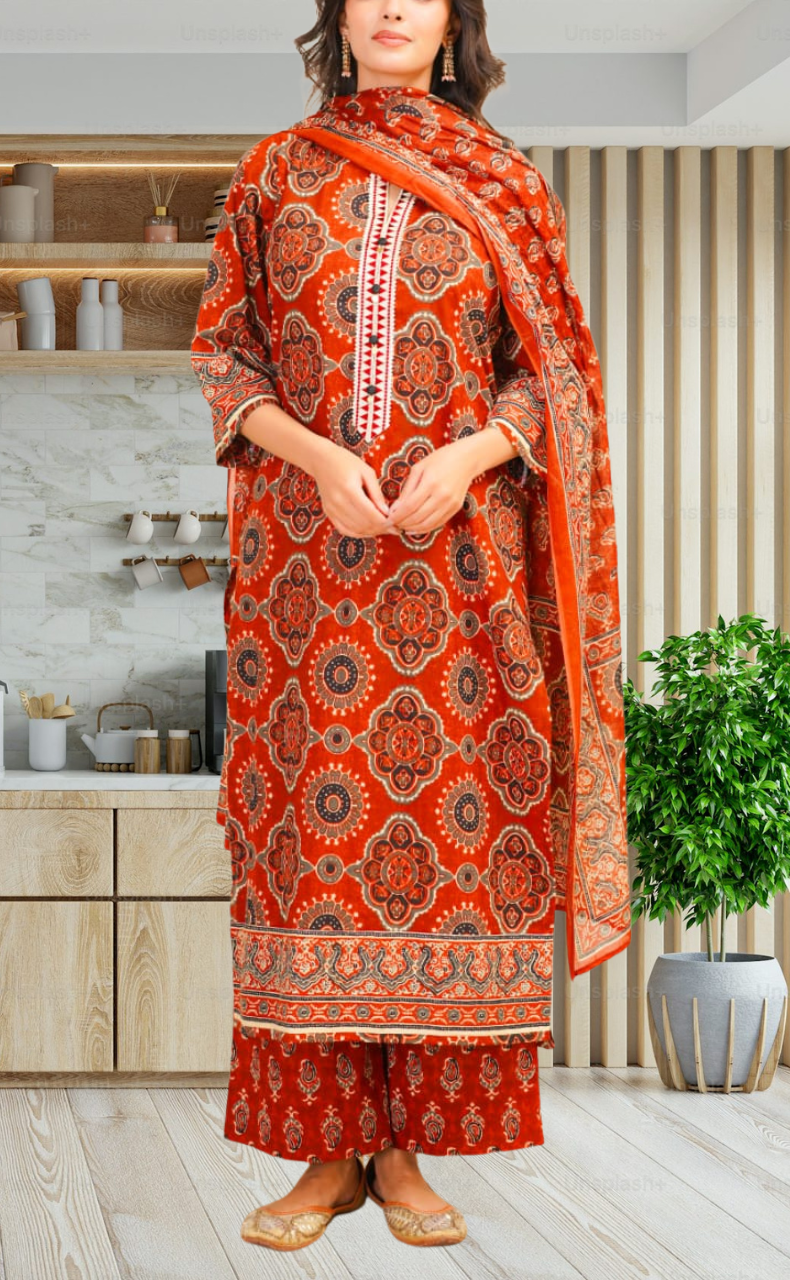 Brick Colour Flora Jaipur Cotton Kurti With Pant And Dupatta Set. Pure Versatile Cotton. | Laces and Frills - Laces and Frills