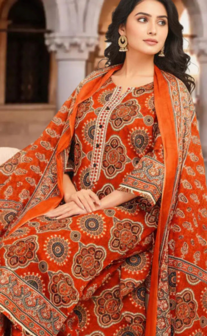 Brick Colour Flora Jaipur Cotton Kurti With Pant And Dupatta Set. Pure Versatile Cotton. | Laces and Frills