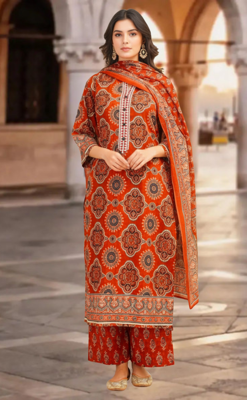 Brick Colour Flora Jaipur Cotton Kurti With Pant And Dupatta Set. Pure Versatile Cotton. | Laces and Frills
