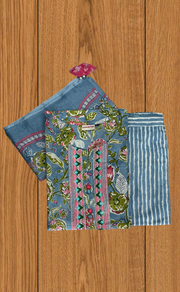 Light Blue Garden Jaipur Cotton Kurti With Pant And Dupatta Set. Pure Versatile Cotton. | Laces and Frills - Laces and Frills